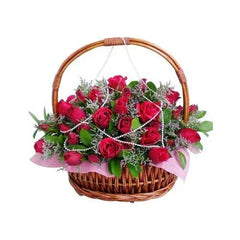 Basket of 50 fresh red roses with greenery and white pearls floral arrangement