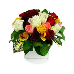 Mixed roses bouquet in a white vase with red, white, yellow, and pink flowers