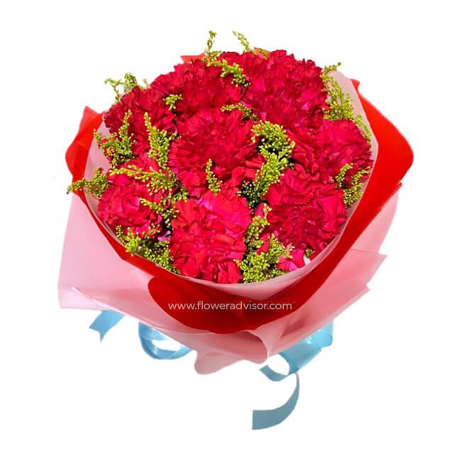 Bright red carnation bouquet with green filler flowers, wrapped in red and pink paper with blue ribbon