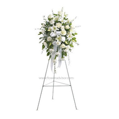 Elegant white floral standing wreath with roses, lilies, and green foliage, ideal for flower delivery in Kuala Lumpur