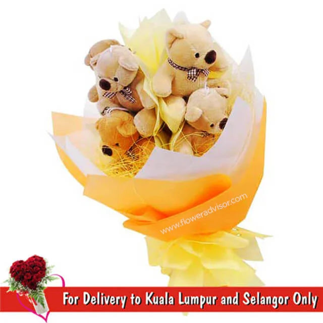 Bouquet of five small teddy bears wrapped in yellow and orange paper, gift for delivery in Kuala Lumpur