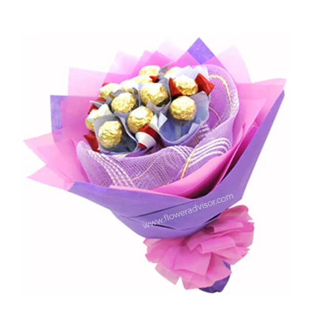 Chocolate bouquet with wrapped Ferrero Rocher chocolates in purple and pink decorative wrapping