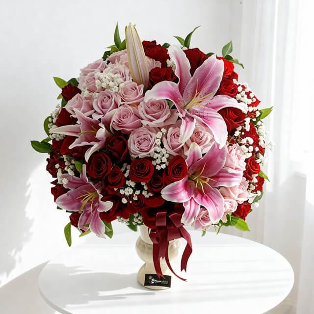 Elegant flower bouquet with pink lilies, red and light pink roses, and white baby's breath in a vase