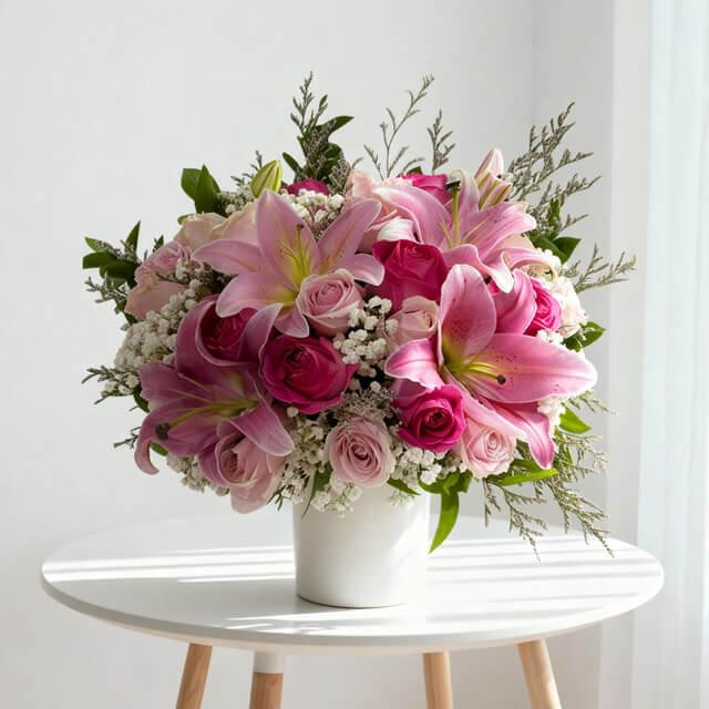 Elegant bouquet of pink lilies and roses in white vase on round table with natural light