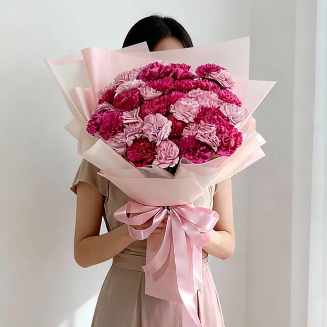 Woman holding large bouquet of pink and red carnations wrapped in pink paper with satin ribbon