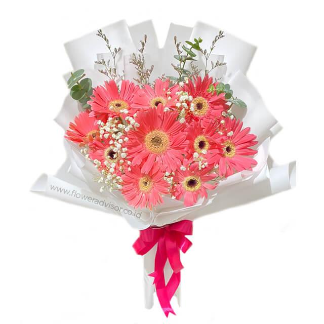 Bright pink gerbera daisy bouquet with white baby's breath and green leaves wrapped in white paper with pink ribbon