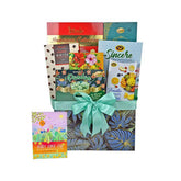 Luxury gift hamper with assorted traditional snacks and sweets in decorative box with teal ribbon