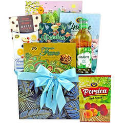Gift box with assorted Malaysian snacks, including white coffee, pandan cake, dried fruit, and a bottle of Grante juice, decorated with a blue ribbon