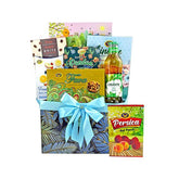 Decorative gift hamper with assorted snacks and drinks tied with blue ribbon, perfect for flower delivery gifts