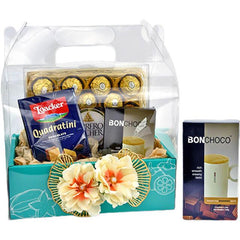 Gift box with Ferrero Rocher chocolates, Loacker Quadratini wafers, BonChoco beverage mix, decorated with cream flowers