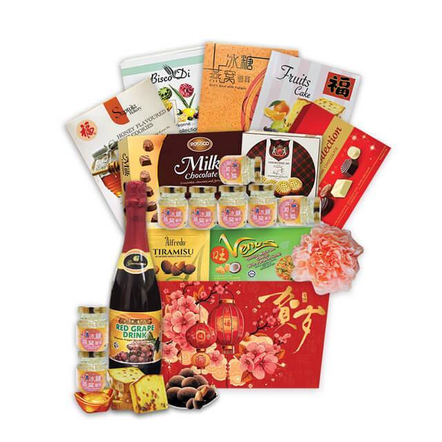 Chinese New Year gift hamper with red grape drink, bird's nest, snacks, chocolates, and festive packaging