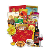Chinese New Year hamper with assorted snacks, bird's nest, abalone, wine and festive decorations