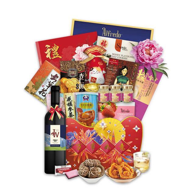 Chinese New Year festive hamper with wine, cookies, tea, snacks, and decorative packaging
