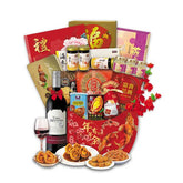 Chinese New Year hamper with wine, festive food, bird’s nest, and gift boxes