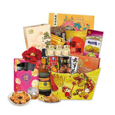 Chinese New Year gift hamper with whiskey, snacks, cookies, festive treats and a red flower