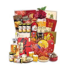 Chinese New Year hamper with festive red and gold packaging, assorted snacks, herbal drinks, and gift boxes