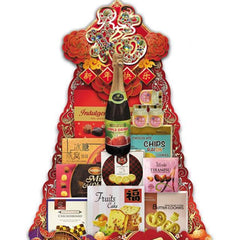 Chinese New Year hamper with assorted cookies, fruit cake, chocolates, and a bottled drink
