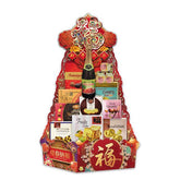 Chinese New Year festive hamper with sparkling drink, cookies, snacks, and decorative red packaging