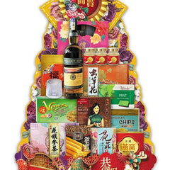 Chinese New Year festive hamper with assorted snacks, tea, and a bottle of whisky