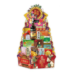 Chinese New Year festive hamper with assorted snacks, gourmet treats, tea, and wine bottle