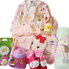 Baby gift set with pink animal print clothes, plush toys, pacifiers, sippy cup, and colorful baby blanket