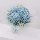 Elegant blue hydrangea bouquet with white fillers, wrapped in translucent paper