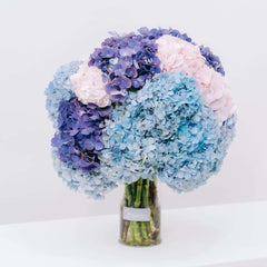 Bouquet of pastel blue, purple, and light pink hydrangeas in clear vase with FlowerAdvisor label