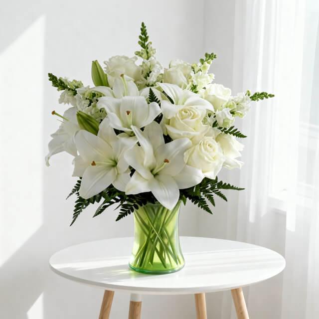 Elegant bouquet of white lilies and roses in a green glass vase on a white round table by a bright window