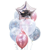 Birthday balloon bouquet with rose gold star foil balloon and confetti latex balloons