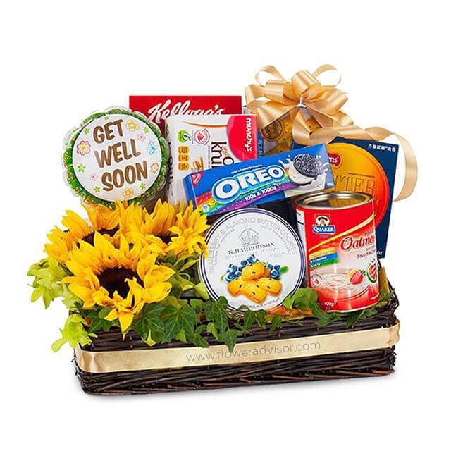Get well soon gift basket with sunflowers, Oreo cookies, Kellogg's cereal, Quaker oats, and assorted snacks