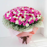 Large bouquet of 500 pink, white, and red roses with baby's breath and pink wrapping