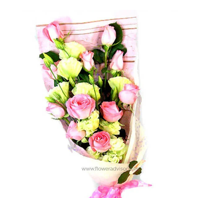 Elegant bouquet of pink and cream roses wrapped in pastel paper, perfect for gifting or celebrations