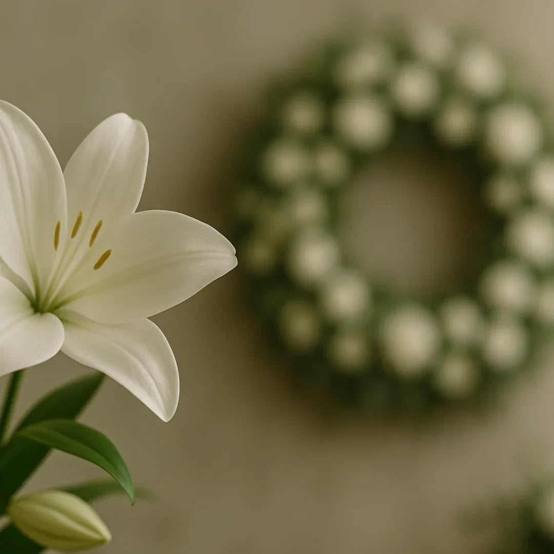 Close-up of a white lily flower with green leaves and a blurred floral wreath background