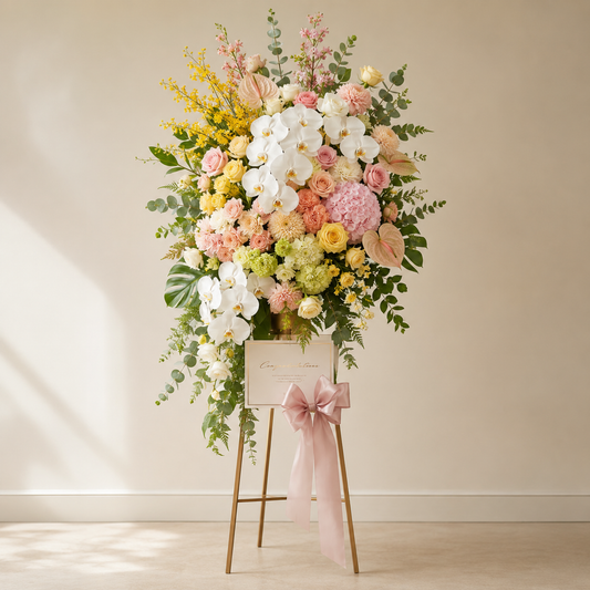 Grand-opening flower stand displayed at a Malaysian business venue