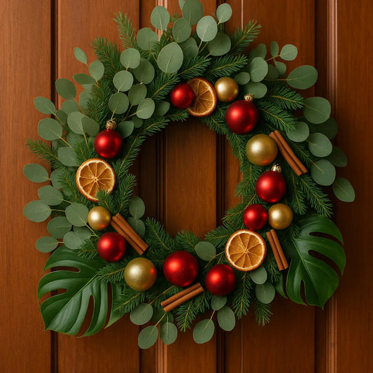 Festive Christmas wreath with eucalyptus leaves, pine branches, red and gold baubles, dried orange slices, and cinnamon sticks on wooden door