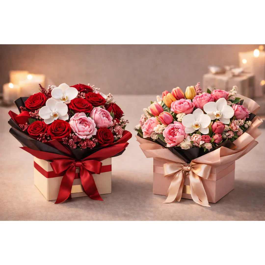 Valentine’s flower bouquets with roses, orchids, tulips and ribbons