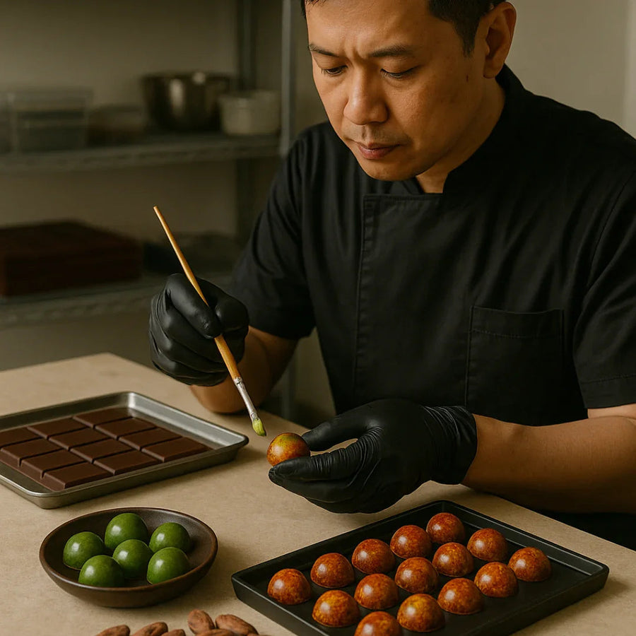 Chef wearing black gloves painting artisan chocolates with a brush, surrounded by chocolate pieces and trays