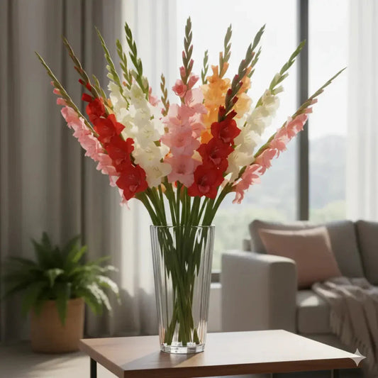 Colorful Gladiolus flower bouquet with red, pink, white, and yellow blooms in clear vase on wooden table in a cozy living room