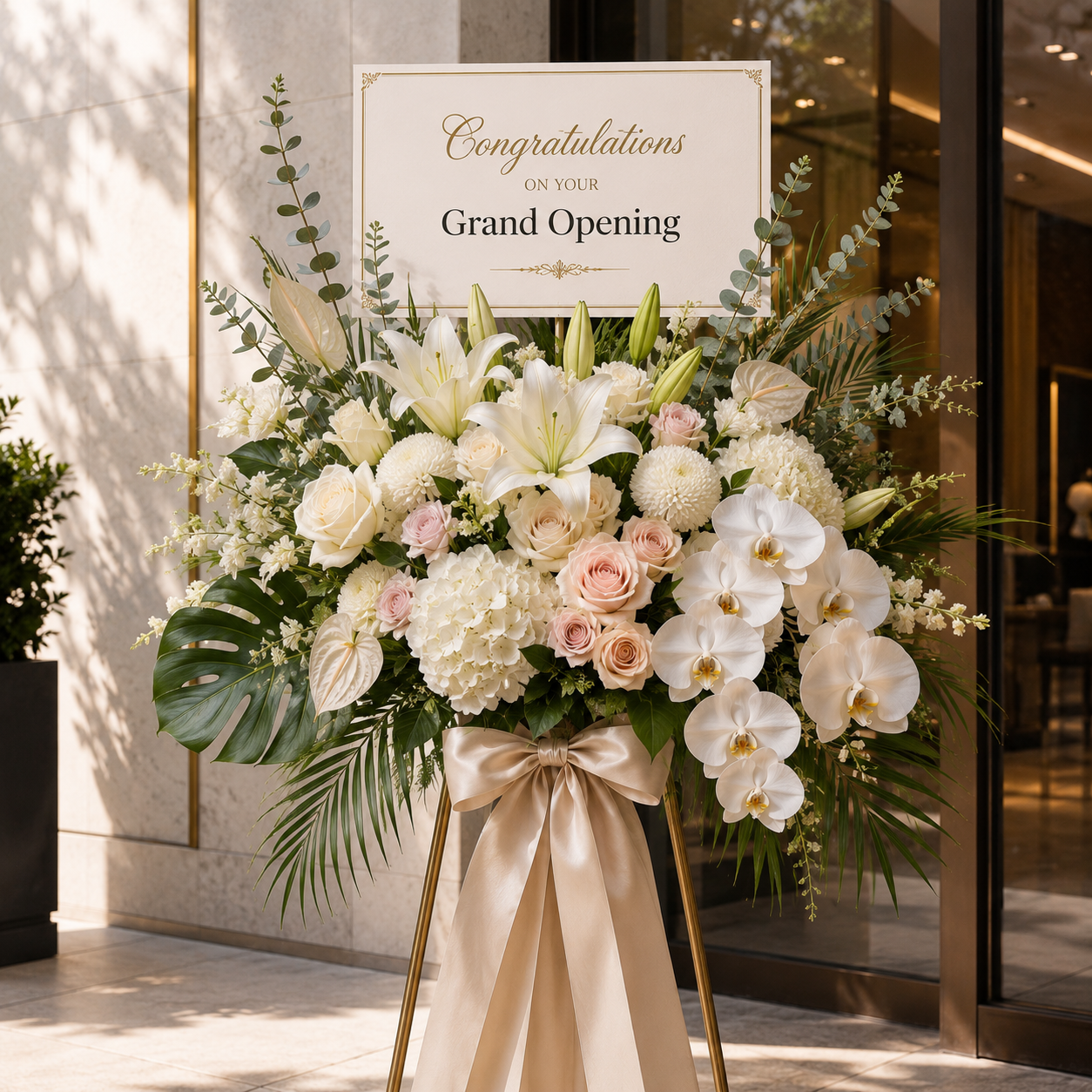 Corporate flower stand with a congratulatory card at a business launch