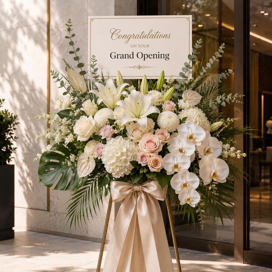 Corporate flower stand with a congratulatory card at a business launch