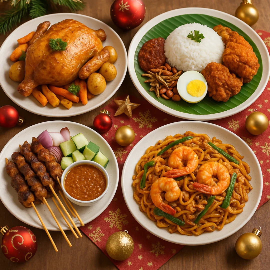 Malaysian Christmas feast with roast chicken, nasi lemak, satay skewers, and prawn noodle dish on festive table