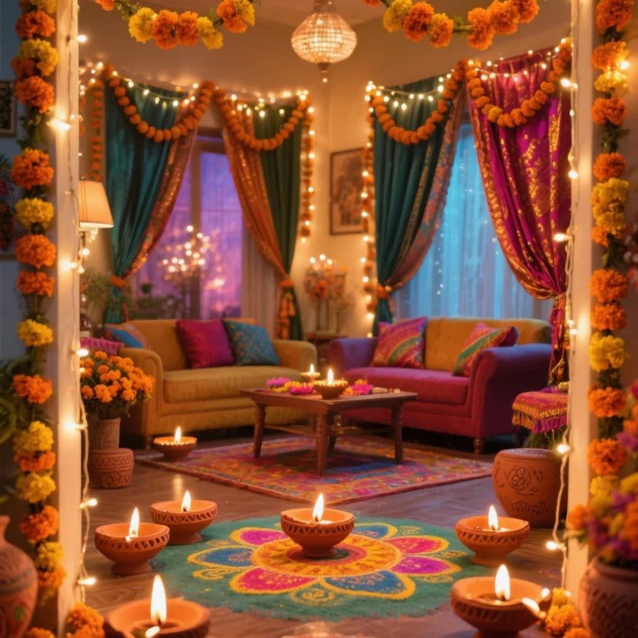 Festive living room decorated for Deepavali with marigold garlands, traditional oil lamps, colorful rangoli, and silk curtains