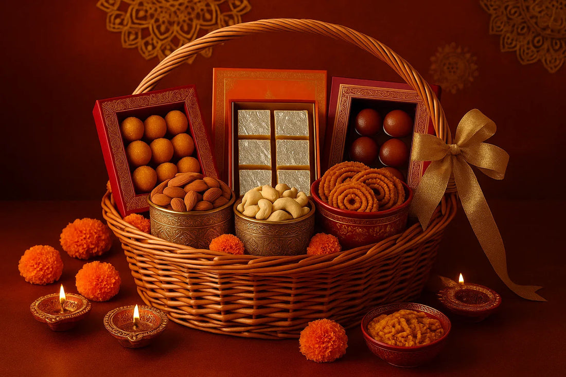 Luxury Deepavali hamper basket with sweets, dry fruits, bright marigold flowers, and traditional oil lamps