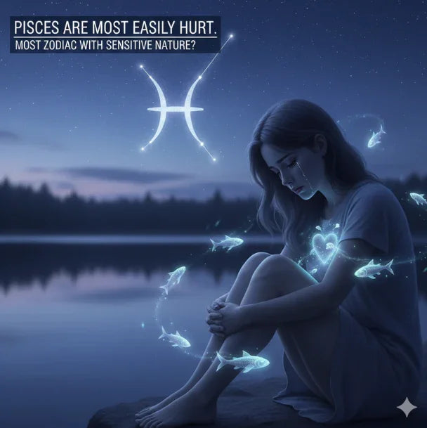 Sad woman sitting by a lake at night with glowing Pisces zodiac sign and fish, highlighting sensitive nature