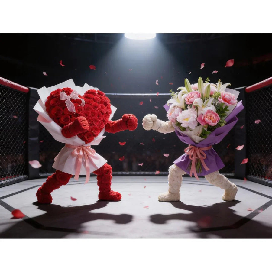 Heart-shaped red rose bouquet and pink lily peony bouquet with arms in a boxing ring, flower delivery concept