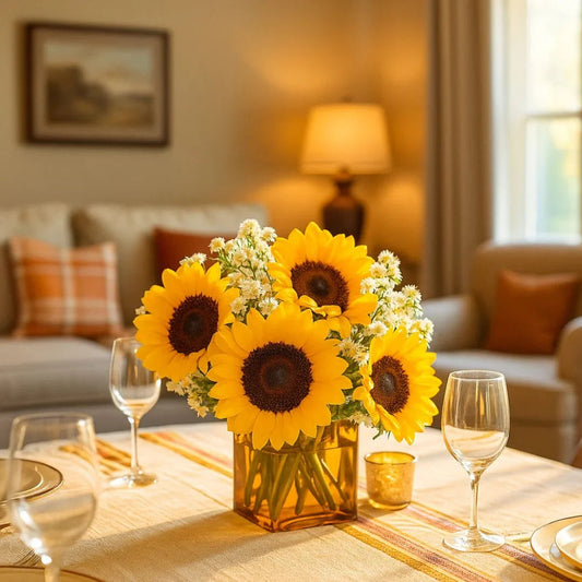 Bright sunflower bouquet with white filler flowers in amber vase on dining table in cozy living room