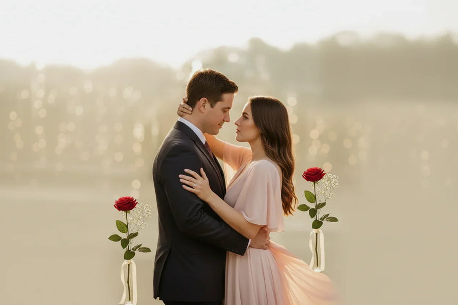 Romantic couple embracing with red roses in glass vases, soft outdoor background