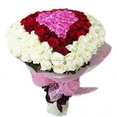 Bouquet of 300 mixed roses arranged in a heart shape with pink, red, and white flowers.