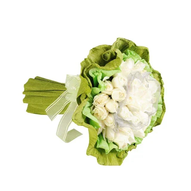 Bouquet of 36 white roses wrapped in green paper with a decorative ribbon