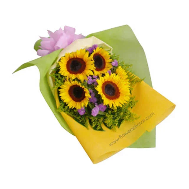 Handcrafted bouquet of five bright sunflowers with purple accents, wrapped in yellow and green paper.
